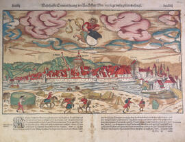 Floß auf Donau vor der Stadtkulisse von Ulm um 1588  1